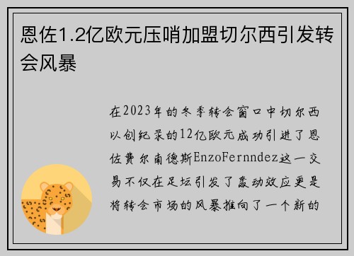 恩佐1.2亿欧元压哨加盟切尔西引发转会风暴 恩佐1.2亿欧元压哨加盟切尔西引发转会风暴