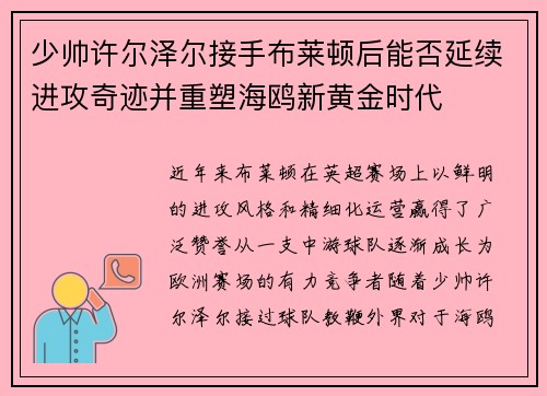 少帅许尔泽尔接手布莱顿后能否延续进攻奇迹并重塑海鸥新黄金时代